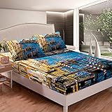 Juego de sábanas con diseño de Puerto de océano, para niños, niños, Adolescentes, jóvenes, etc. Juego de sábanas bajeras de Venecia, para Cama Azul, 2 Unidades, tamaño Individual