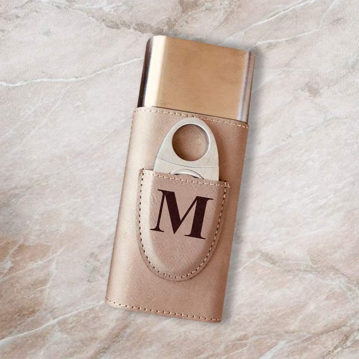 Personalized Leatherette Cigar Case with Cutter Light Brown