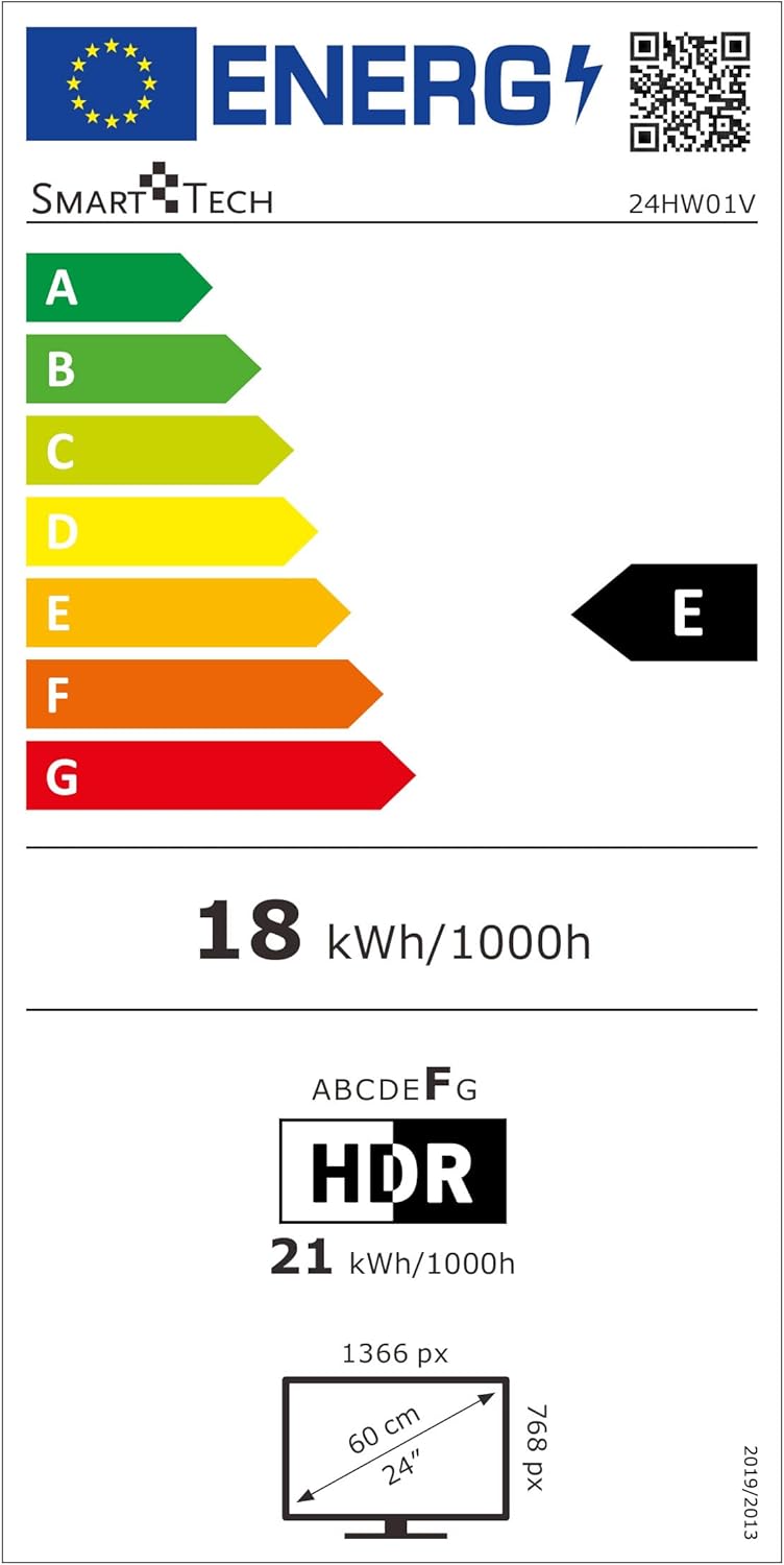 EU Energy Label for Smart Tech 24HW01V TV, showing energy class E and consumption