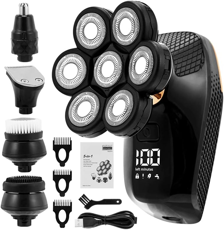 Afeitadoras de cabeza para hombres calvos, 5 en 1, afeitadora eléctrica recargable 7D para hombre, 7 cabezas flotantes, barba, nariz, oreja,
