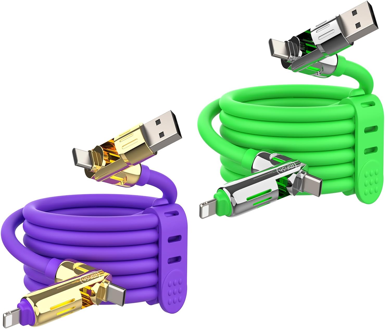 MFish 2-Pack 240W 4-in-1 Multi Charging Cable with Carrying Case, 6.6FT Fast Charge USB-A & USB-C to USB-C/Lightning, for iPhone 17/16/15/14, MacBook, iPad, Samsung S25/S24 (Purple+Green)