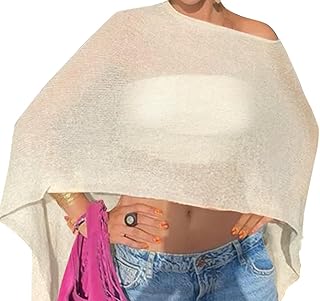 Vicarly Off The Shoulder Sheer Crochet Vacation Outfits Poncho Sweater Top Summer Beach Cover Up
