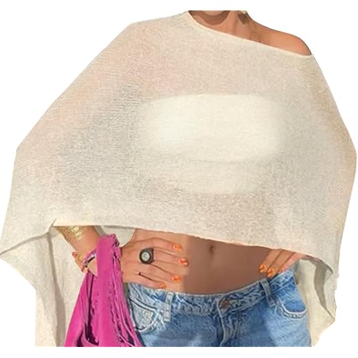 Drop Shoulder Sheer Crochet Vacation Outfits Poncho Sweater Top Summer Beach Cover Up