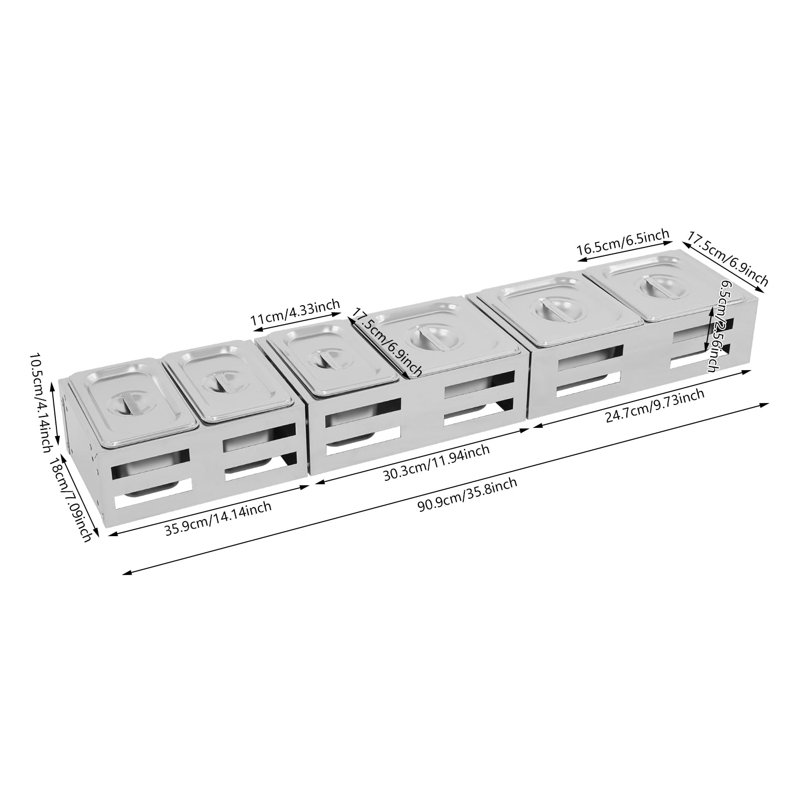 Lot de 6 pots à épices en acier inoxydable avec étagères et couvercle, pour le stockage du sucre, du sel, des sauces, du vinaigre, 11 x 17,5 x 6,5 cm/16,5 x 17,5 x 6,5 cm