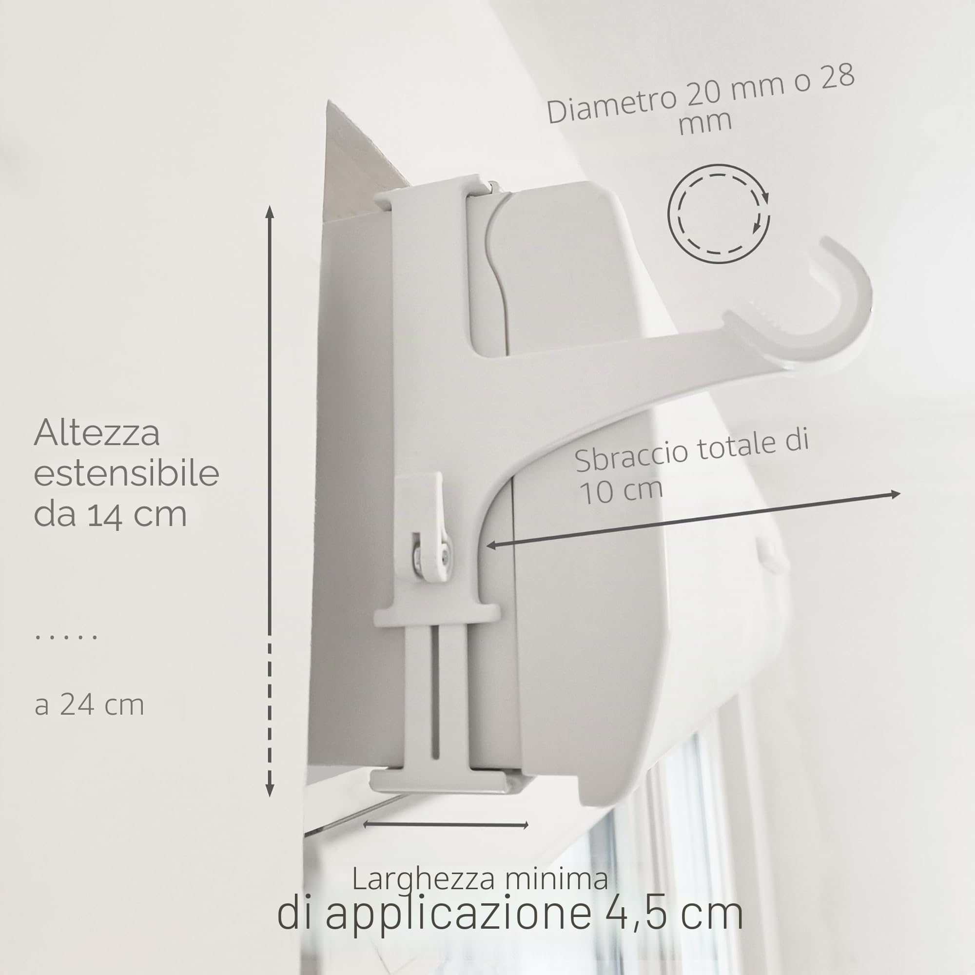 Set 2 supporti per aste tende, senza foratura incollaggio, fissaggio baule tapparelle, 14-24 cm, D20-28 mm, bianco, qualità francese