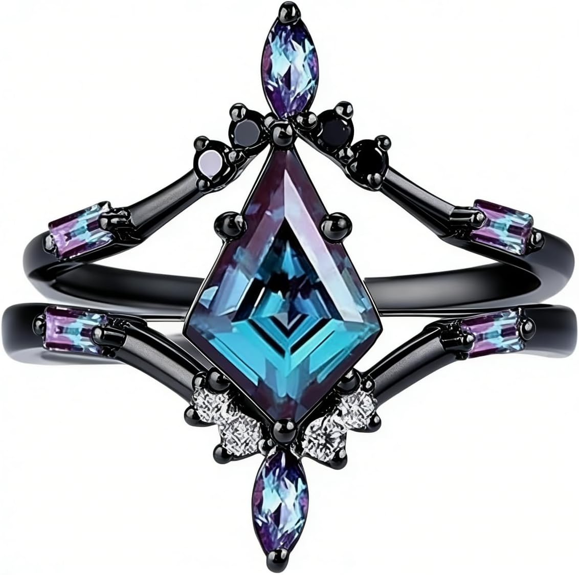 Alexandrite Ring Sets - Sterling Silver & Gold Kite Cut Alexandrite Rings with Moissanite - Engagement Ring Set - Free Engraving