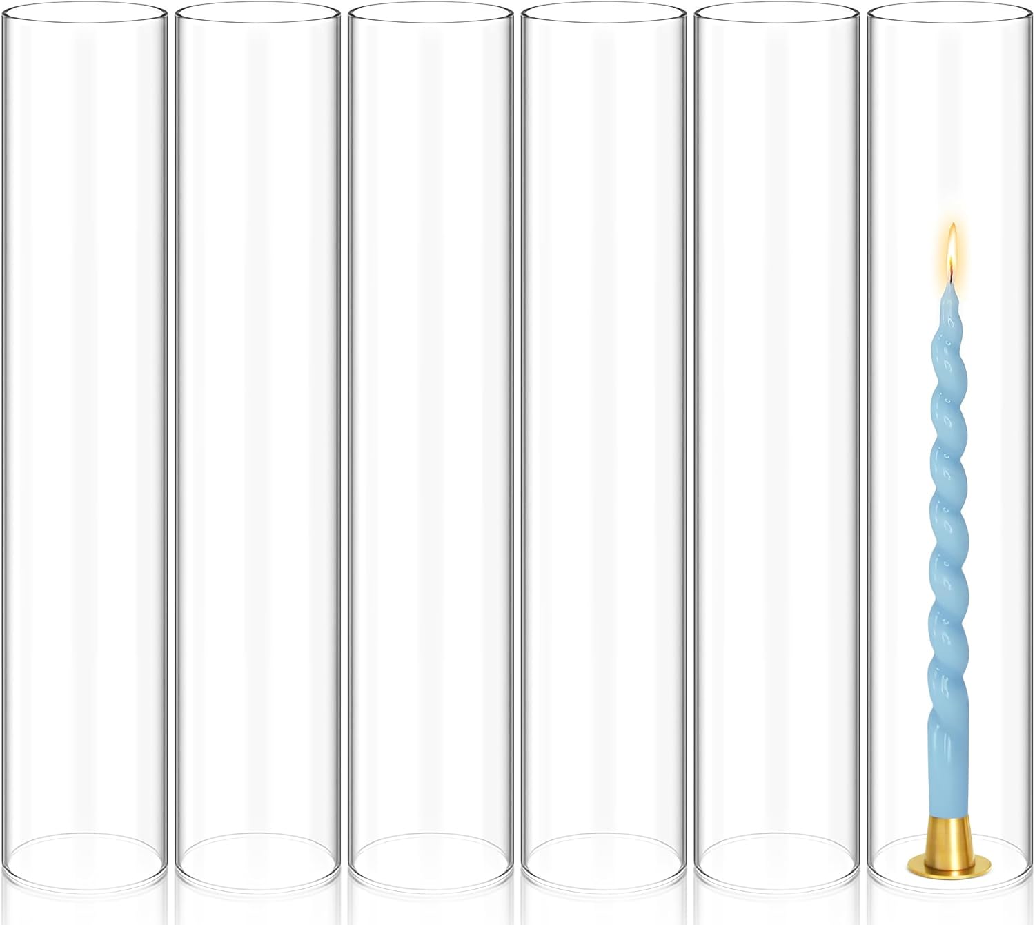 Showgeous 6 PCS Hurricane Candle Holder, D:3" H:16" Open Ended Glass Candle Cylinder Sleeve, Clear Glass Cylinder Candle Holder, Open Flame Candle Chimney Tube Cover, Bottomless Cylindrical Glass 3" x 16"H 6