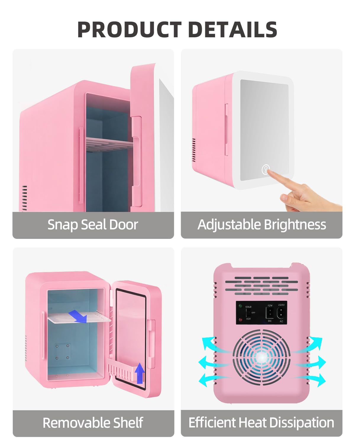 MoraRise 6L Mini Fridge for Bedrooms, Portable Cooler & Warmer Skincare Fridge with LED Mirror, AC/DC Compact Beauty Fridge for Food, Car, Home, Office, Drinks, Cosmetic, Skin care (Pink, 6L) — view 9