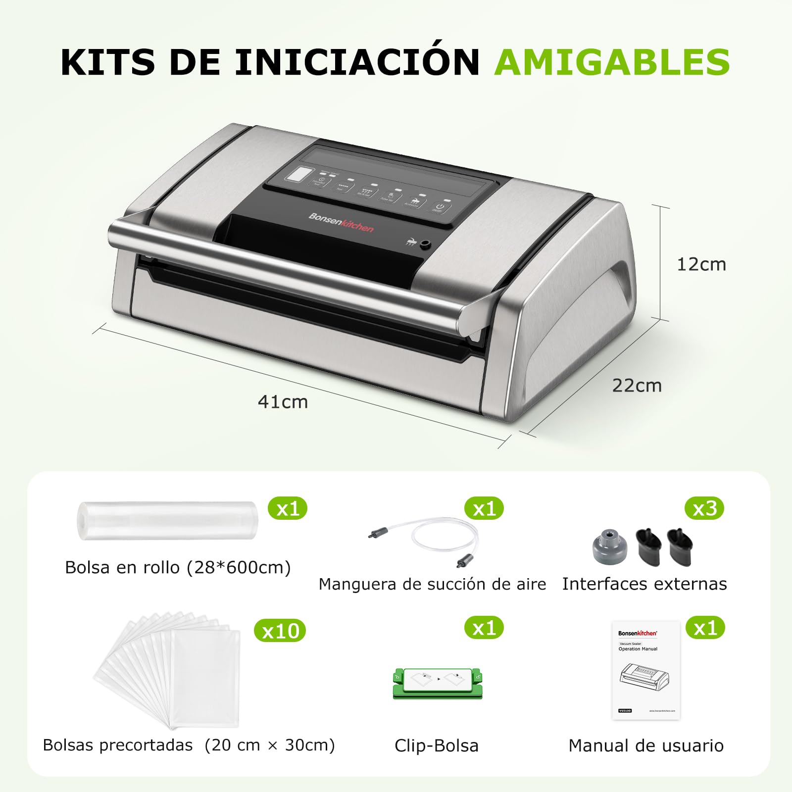 Bonsenkitchen Envasadora al Vacío, 15 L/min, con Clip Para Bolsas, Bloqueo de Asa y Cortador Integrado, Para Cocinar al Vacío y Preparar Alimentos, Sellado Rápido de Alto Rendimiento-VS5100