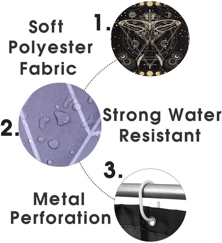 4PCS Celestial Shower Curtain Set, Gold Glitter Sun and Moon Phase Starry Sky Galaxy Constellation Tarot Witch Mystic Boho Bathroom Decor, Black Fabric Shower Curtain, Non-Slip Bath Mat, Moth