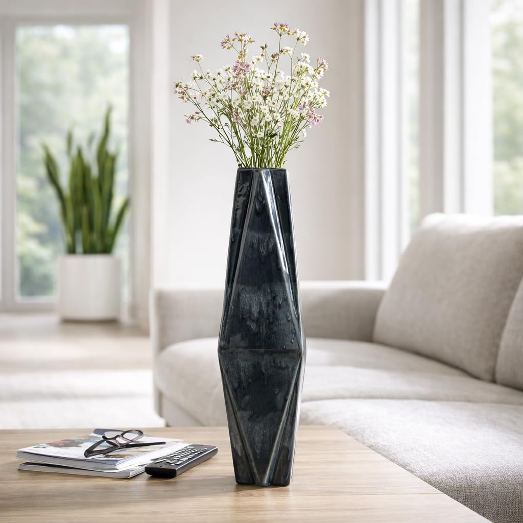 Geometric Angular Vase for Living Room Decor - Modern Ceramic Flower Vase for Home, Bedroom, House, and Office Room Styling - Stoneware Table Accent for Kitchen Display - 26", Gray & Black