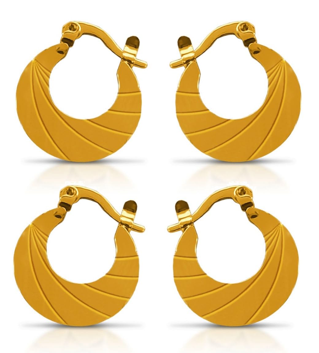(2 Pair) Golden Color JAE0076-02 Trending Round Shaped Clip On Metal Punk Barbell Press Screw Pierced Nattiyan Earring Linning Cutting Design Hip Hop Stud Chand Bali/Hoop For Men's & Boy's-image-22