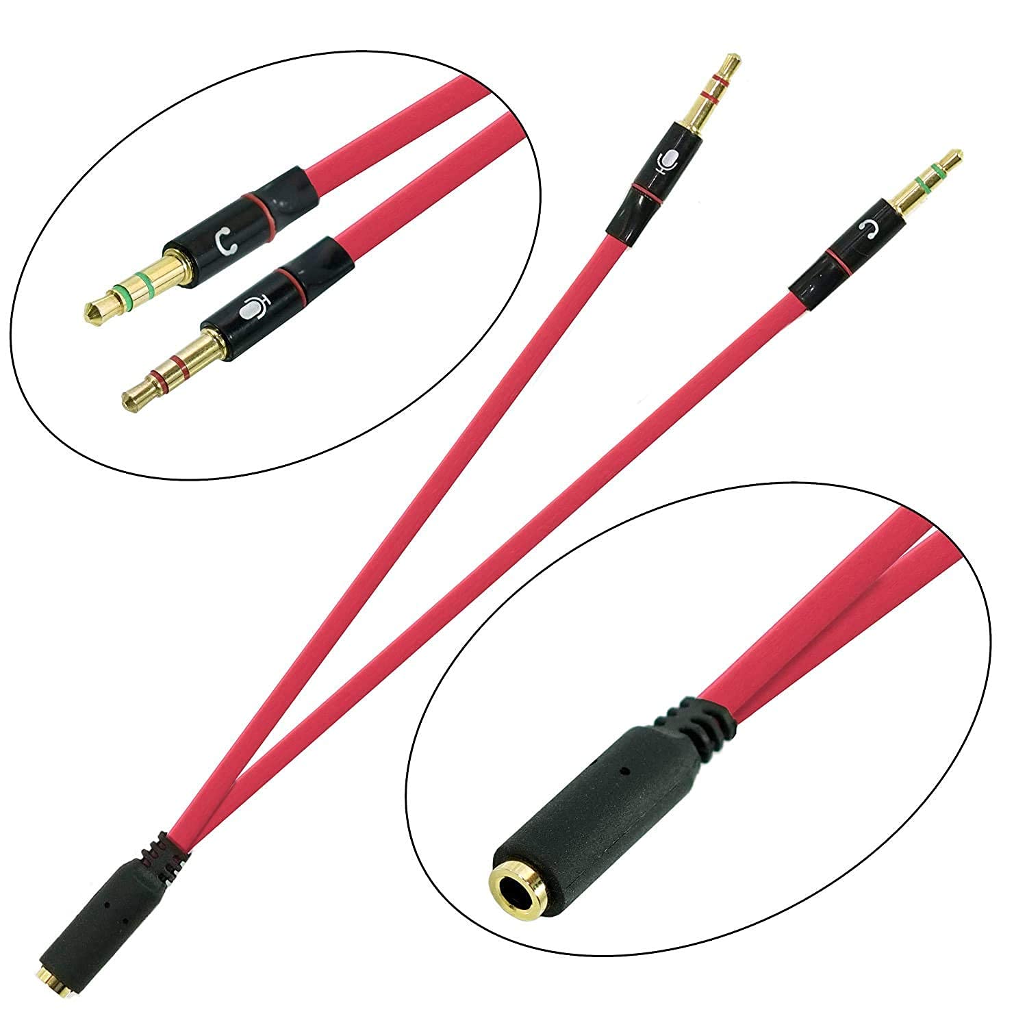 SaiTech IT Y-Splitterkabel für Kopfhörer, 2 Stecker auf 1 Buchse, 3,5 mm, für Kopfhörer, Mikrofon, Audio, Y-Splitterkabel für PC, Laptop, 20 cm, Rot, 2 Stück