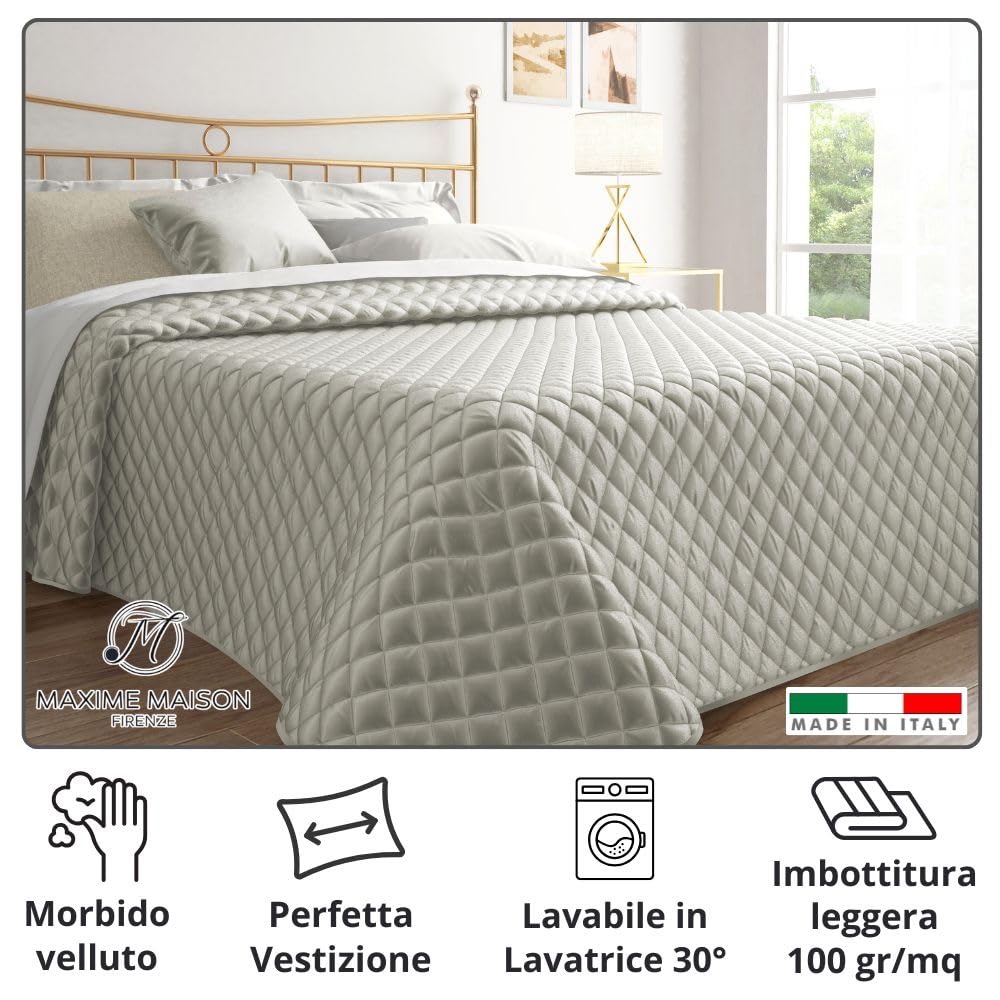 MAXIME MAISON - Steppdecke für Doppelbett, Frühling, Herbst, gesteppt aus weichem elegantem Samt, leichte Tagesdecke für Doppelbett, hergestellt in Italien, Gefühl von echtem Luxus (Taupe)