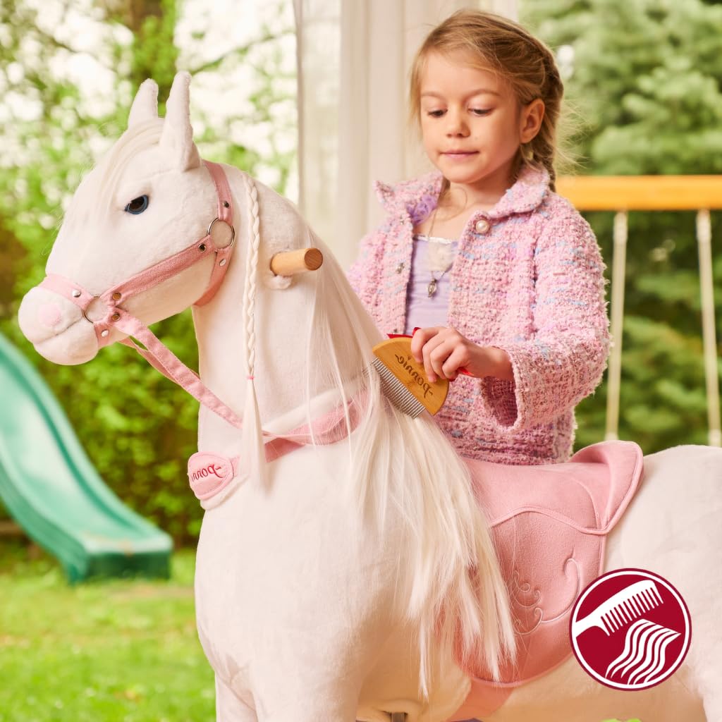 PONNIE Reitpferd mit Rollen Tiara M für Kinder 5-12 Jahre (50 kg) – Ohne Batterie – Mitwachsend Dank höhenverstellbarer Steigbügel – Kämmbar mit abnehmbarem rosa Sattel – Für drinnen&draußen – 107 cm