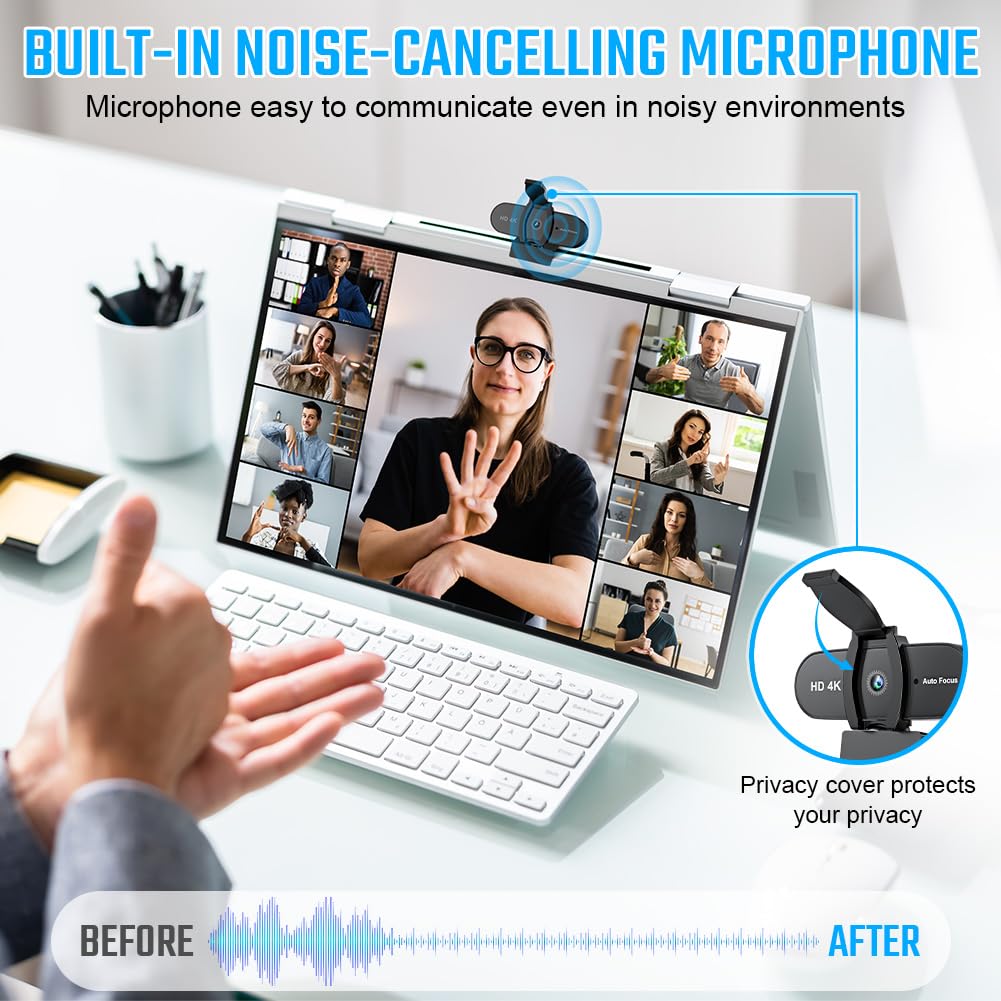 OFFCUP 4K Webcam PC con Microfono Cancellazione del Rumore, Web Cam Full HD 1080p USB Web Camera Streaming Videocamera Plug & Play PC Laptop Desktop per Videochiamate Conferenza e Studio