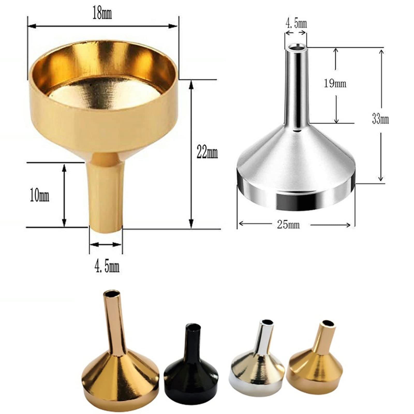 Embudo 5 Piezas Mini Embudos de Metal for Llenar Botellas Pequeñas Transferencia de Líquido Recambio Perfume Aceite Esencial Herramienta Dispensadora de Líquidos(Silver,S)