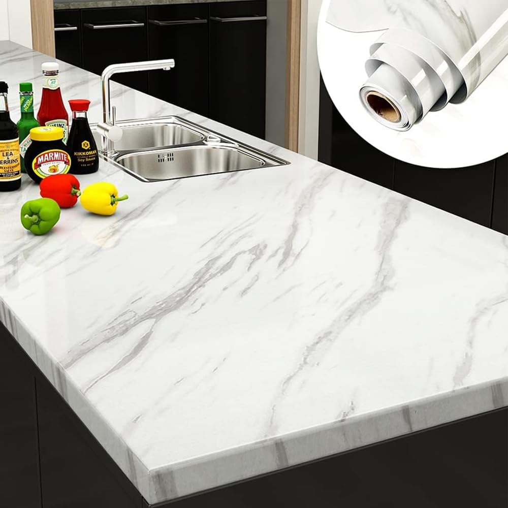 Goodern 60CM*3M Marble Contact Paper,Self Adhesive Peel and Stick Wallpaper Removable Decorative Granite Wallpaper with PVC Waterproof Oil-Proof for Kitchen Countertop Cabinet Furniture-Jazz White