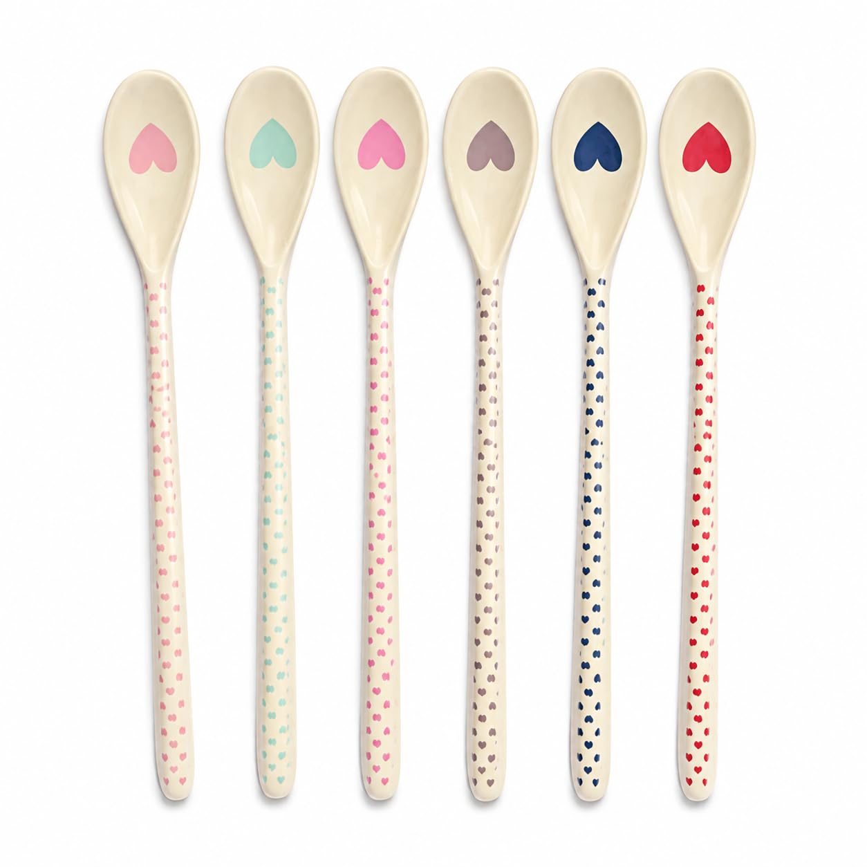 RICE Melamin Latte-Löffel 6er Set mit Herz Print, lange Dessertlöffel 22 cm, bunte Löffel für Latte, Eis, Desserts, Joghurt & Snacks, BPA-frei, spülmaschinengeeignet