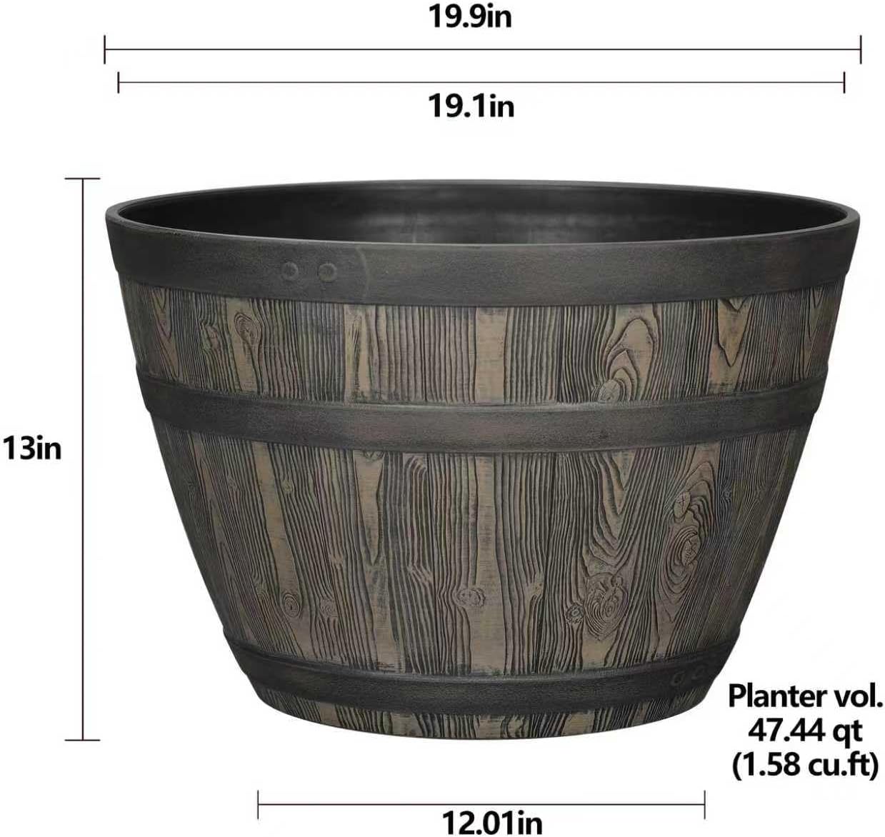 19.9 Inch Rustic Whiskey Barrel Planter - Durable Lightweight Plastic Plant Pot with Easy Knock-Out Drainage Holes, Indoor/Outdoor Barrel Planter for Outdoor Plants