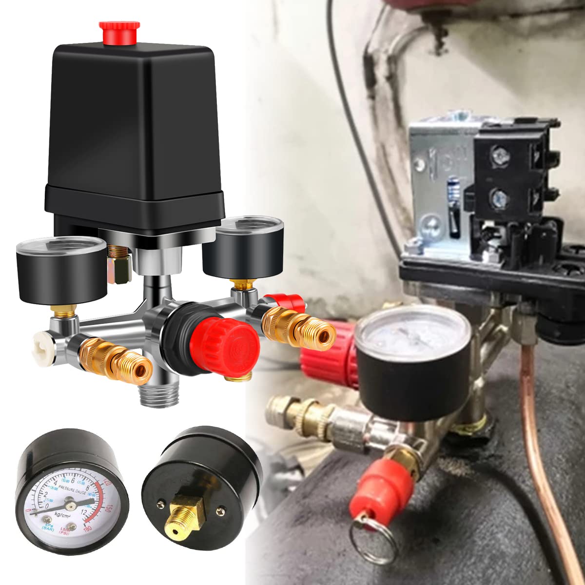 90-120PSI Pressostato compressore d'aria Collettore Regolatore Manometri Controllo 220-380V Alluminio(Black)