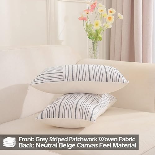 Miniatura 3 de CARRIE HOME Juego de 2 fundas de almohada de lino a rayas de 16 x 16 pulgadas, color gris y crema, decoración rústica de casa de campo para sofá y