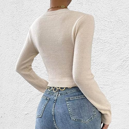 ACOSAP Women's Casual Twist Front Long Sleeve Cropped Sweater Round Neck Ruched Fitted Knitted Pullovers4
