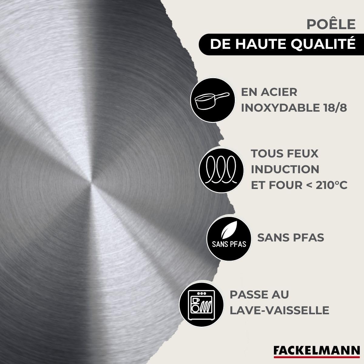 Fackelmann Batterie 2 poêles 24/28 cm, couvercles et faitouts | Lot complet pour équiper la cuisson, 2 poêles et 3 faitouts, Inox et verre, Couvercles 24 et 28 cm, Induction gaz four