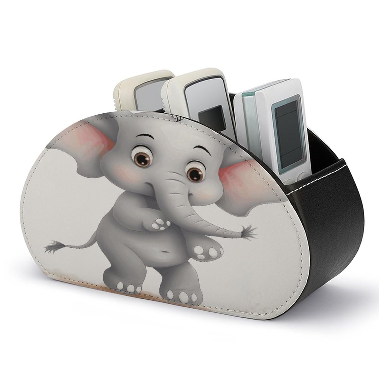 JTREHY Cute Elephant Remote Control Holder 5 Compartments Remote Caddy Tray PU Leather TV Remoter Storage Box Bedside Table Storage Organizer Office Desk Storage Case
