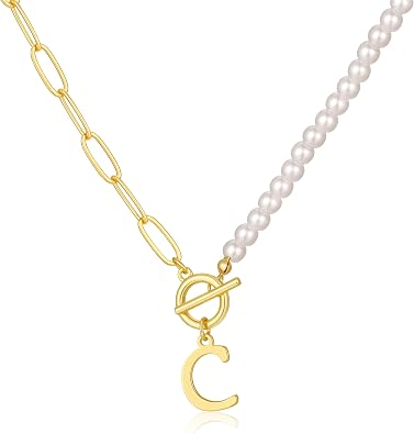 Pearl Toggle Initial Necklaces for Women - Handmade Pearl Choker Necklace Paperclip Initial Necklace Dainty Pearl Jewelry for Mom Girlfriend Personalized Letter Necklace for Her