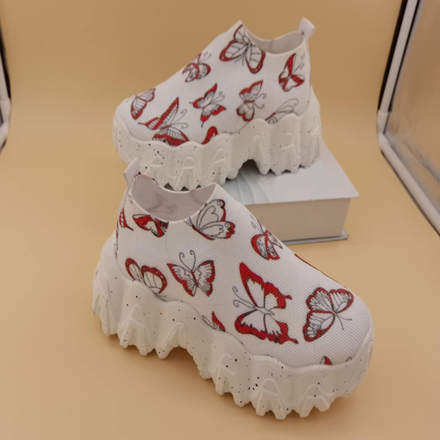 Hbeylia Fashion Sneakers for Women Casual Mesh Air Butterfly Printed Chunky Bottom Hiking Work Nurse Shoes Round Toe Lightweight Flying Breathable Slip On Comfortable Walking Shoes