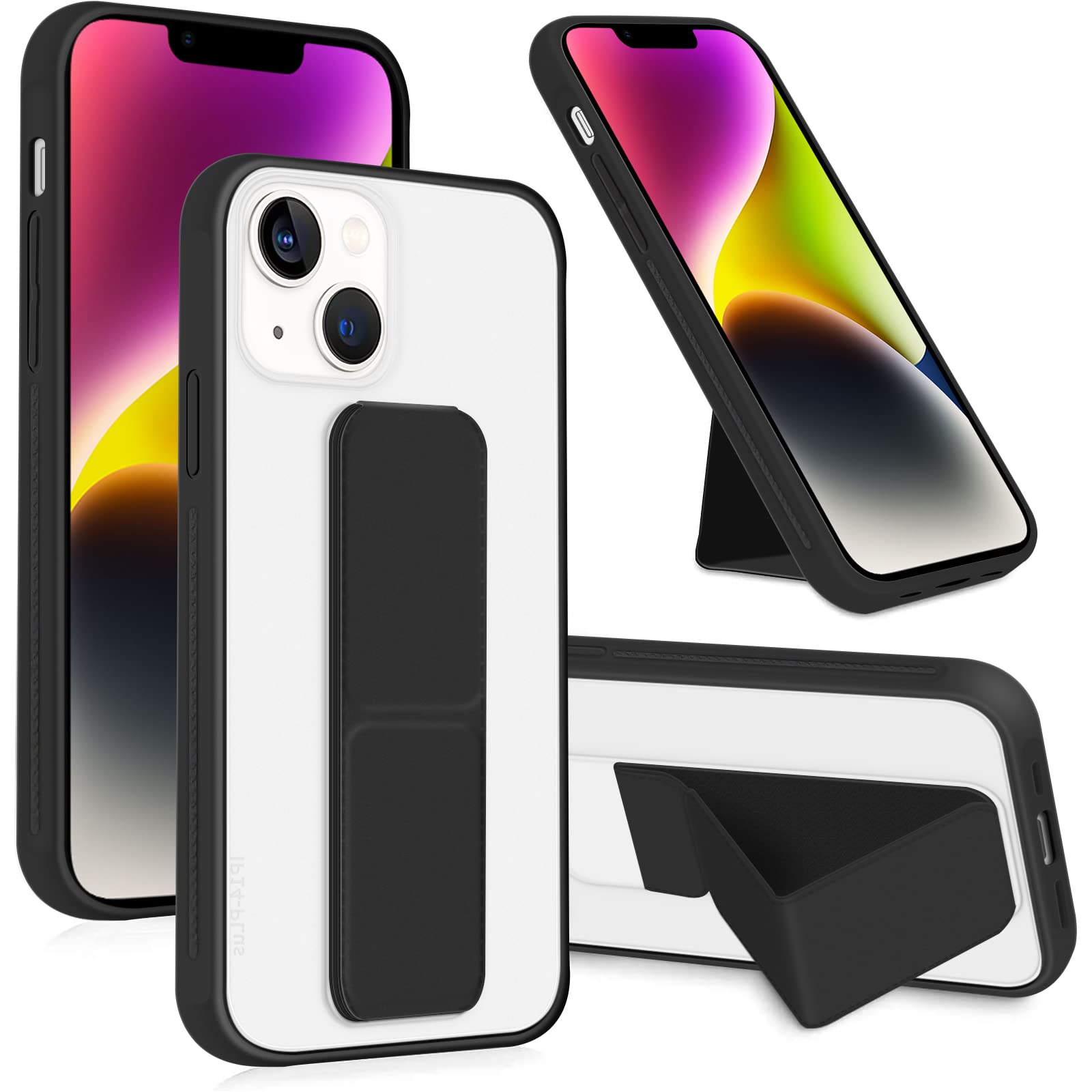 INFOSUN for iPhone 14 Case Stand Cover Matte Cases with Frosted Back Hand Grip Kickstand Cover Holder Shockproof Translucent Design for iPhone 14 (6.1 Inch) (2022) (Black)