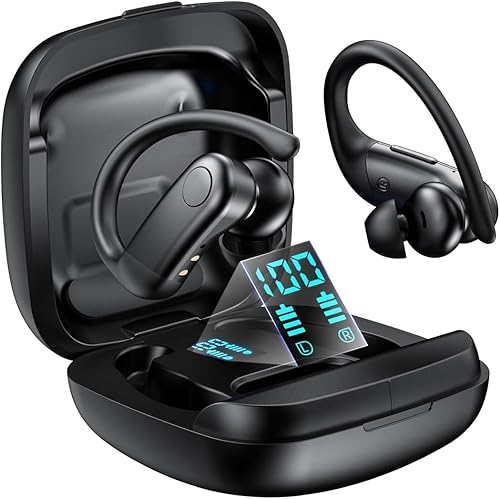 Auriculares inalámbricos IPX7 impermeables Bluetooth 5.2 con 100 horas de reproducción, pantalla LED digital, estuche de carga sobre la oreja con