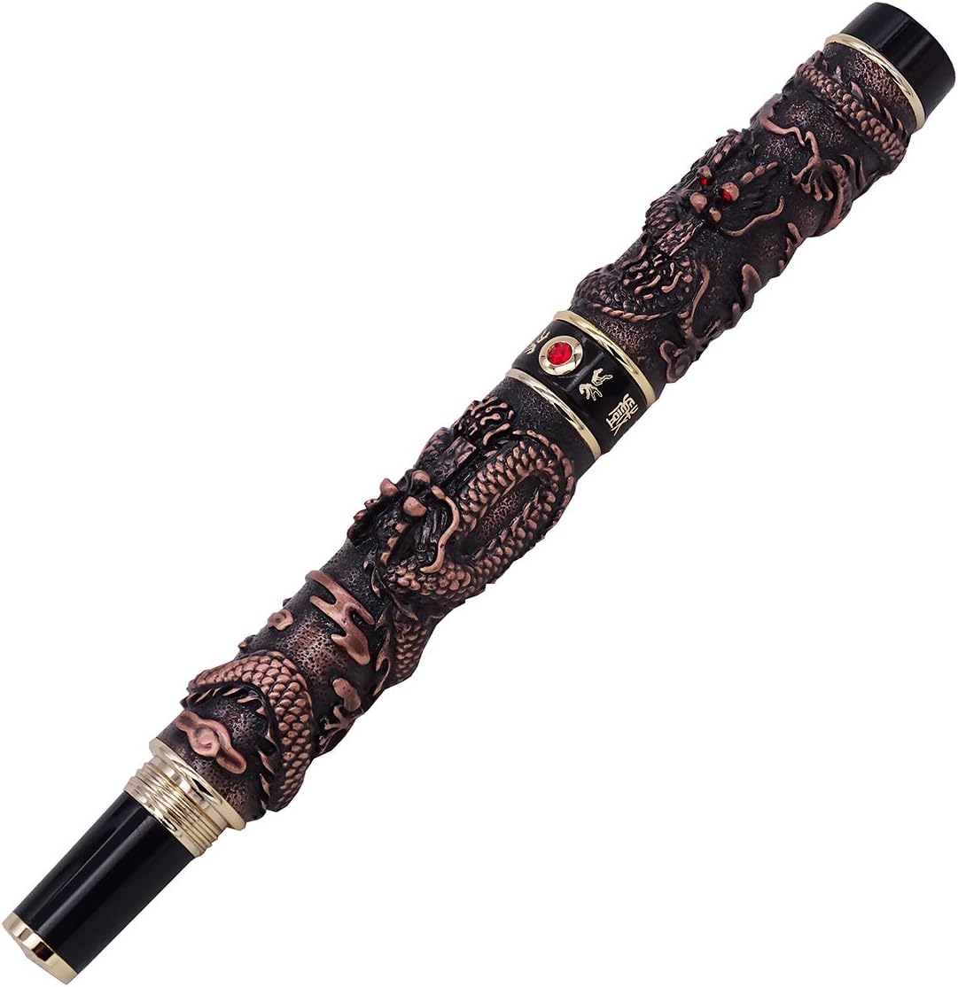 Chinese Dragon Fountain Pen Vintage Red Brass, Fude Pen Bent Nib (Fine to Broad Size) for Art Drawing Calligraphy Handwriting by Jinhao