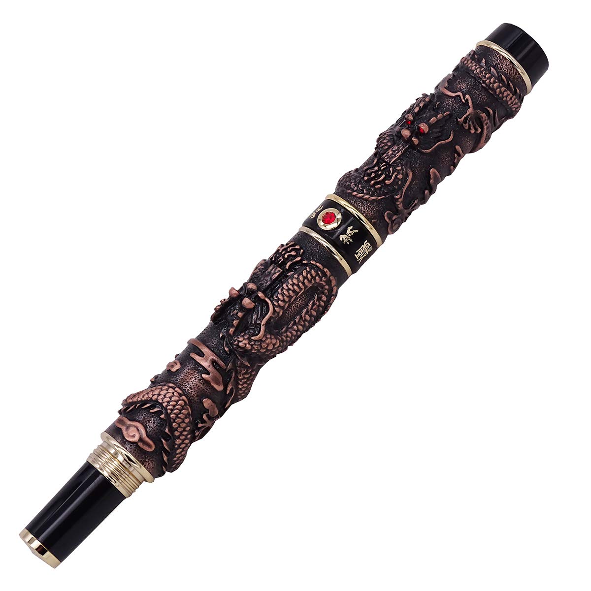 Jinhao Stylo-plume en métal bronze rouge 3D double dragon embossement Fude plume courbée calligraphie signature stylo