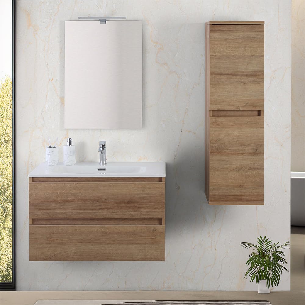 Inbagno Mobile bagno sospeso 80 cm rovere africa con 2 cassetti soft-close, lavabo in ceramica e specchio reversibile 60x80 cm, KLEO