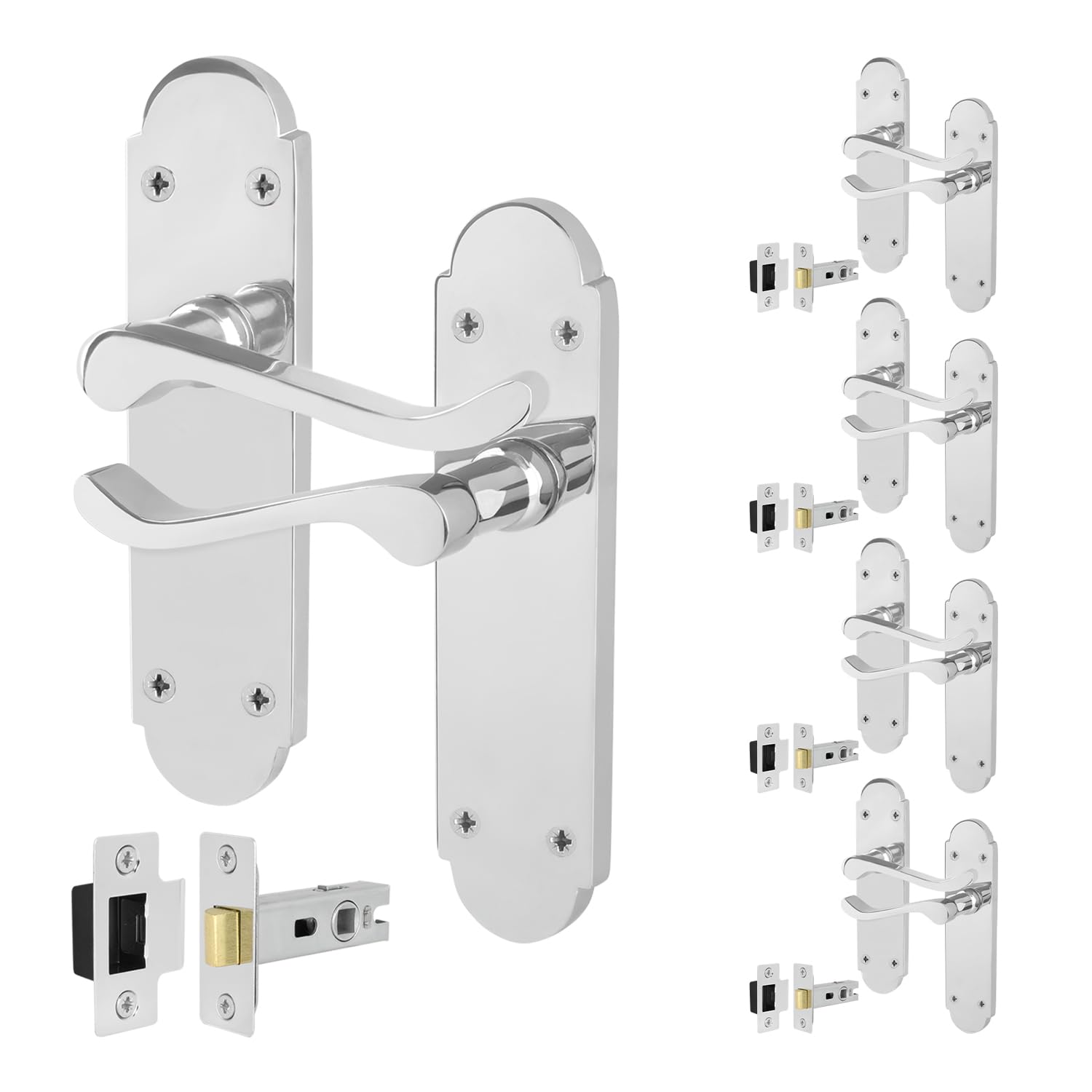 EAI Polished Chrome Door Handles with Latch 64mm, 5 Pack - Victorian Scroll