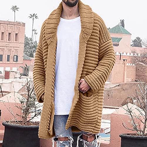 Sweaters for Men Men's Shawl Collar Long Cardigan Heavyweight Knitted Open Front Cardigans Sweaters Khaki3