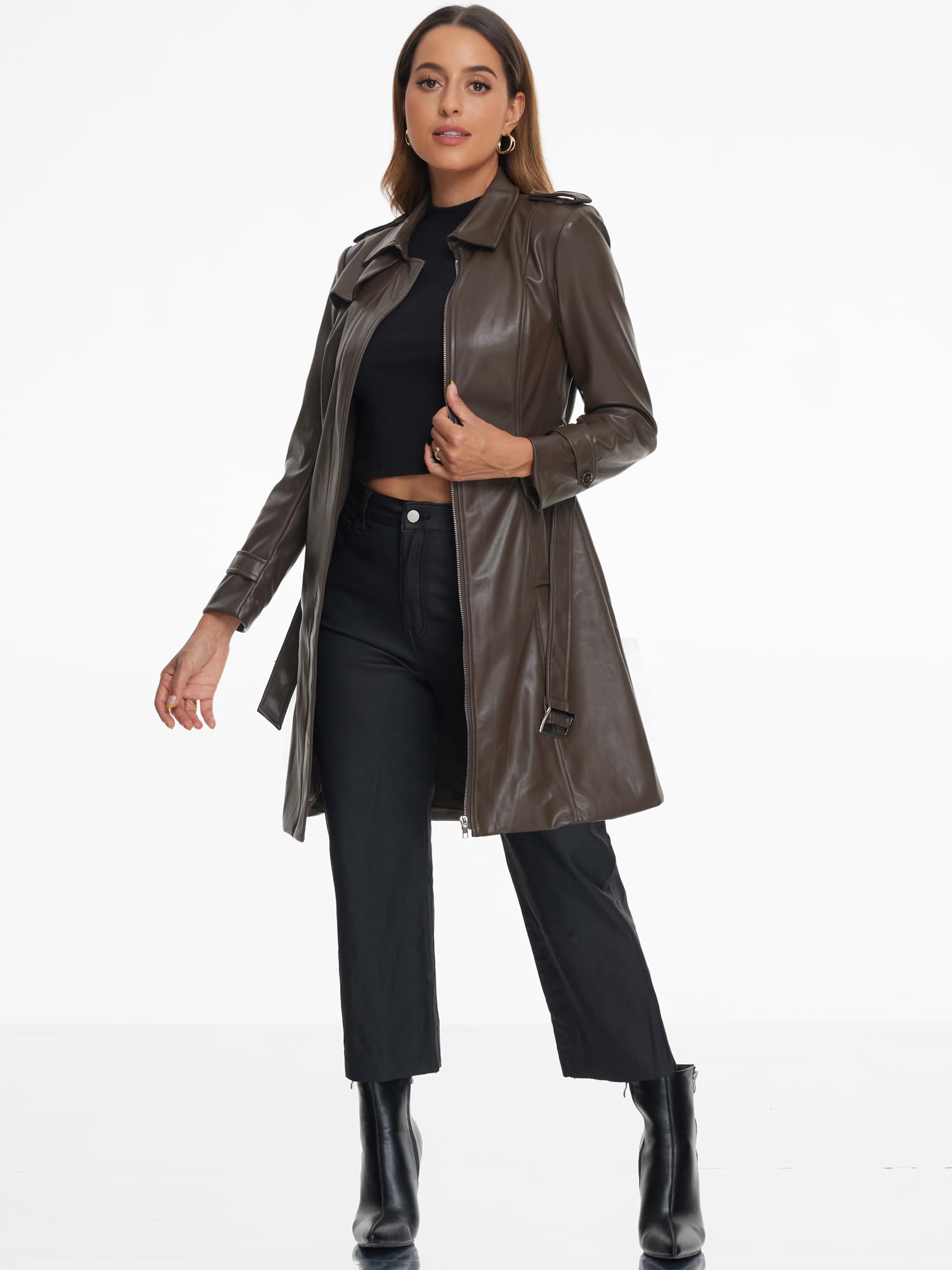 Allegra K Giacca Lunga da Donna in Ecopelle a Manica Lunga Slim Fit con Zip Cappotto con Risvolto