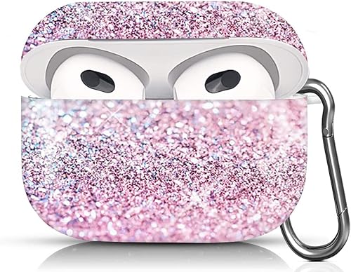 HPOYUR Funda compatible con AirPod 3 con llavero de piel dura y a prueba de golpes para hombres, mujeres y niñas, color rosa con purpurina