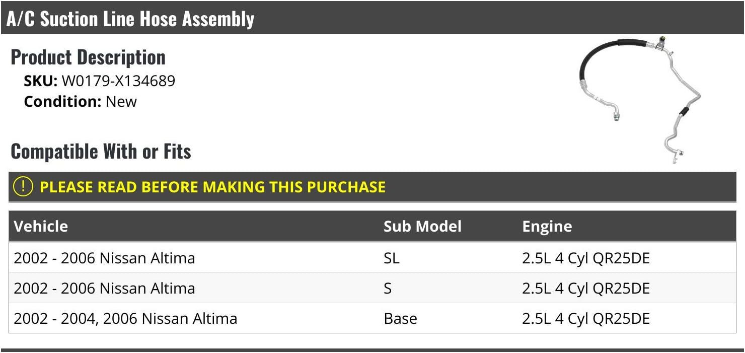 Marketplace Auto Parts A/C Suction Line Hose Assembly - Compatible with 2002-2006 Nissan Altima 2.5L 4-Cylinder QR25DE