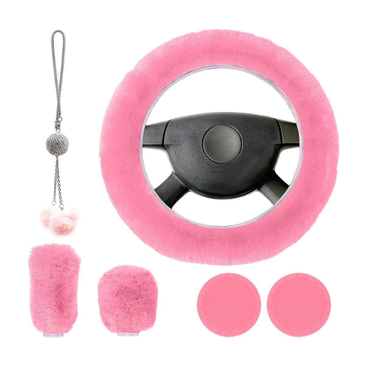 6 PCS Fluffy Steering Wheel Covers Set, 15 Inch Soft Steering Wheel Cover, Handbrake Cover & Gear Shift Cover & Cup Holder Coaster & Car Mirror Accessory, Car Accessories (Pink)