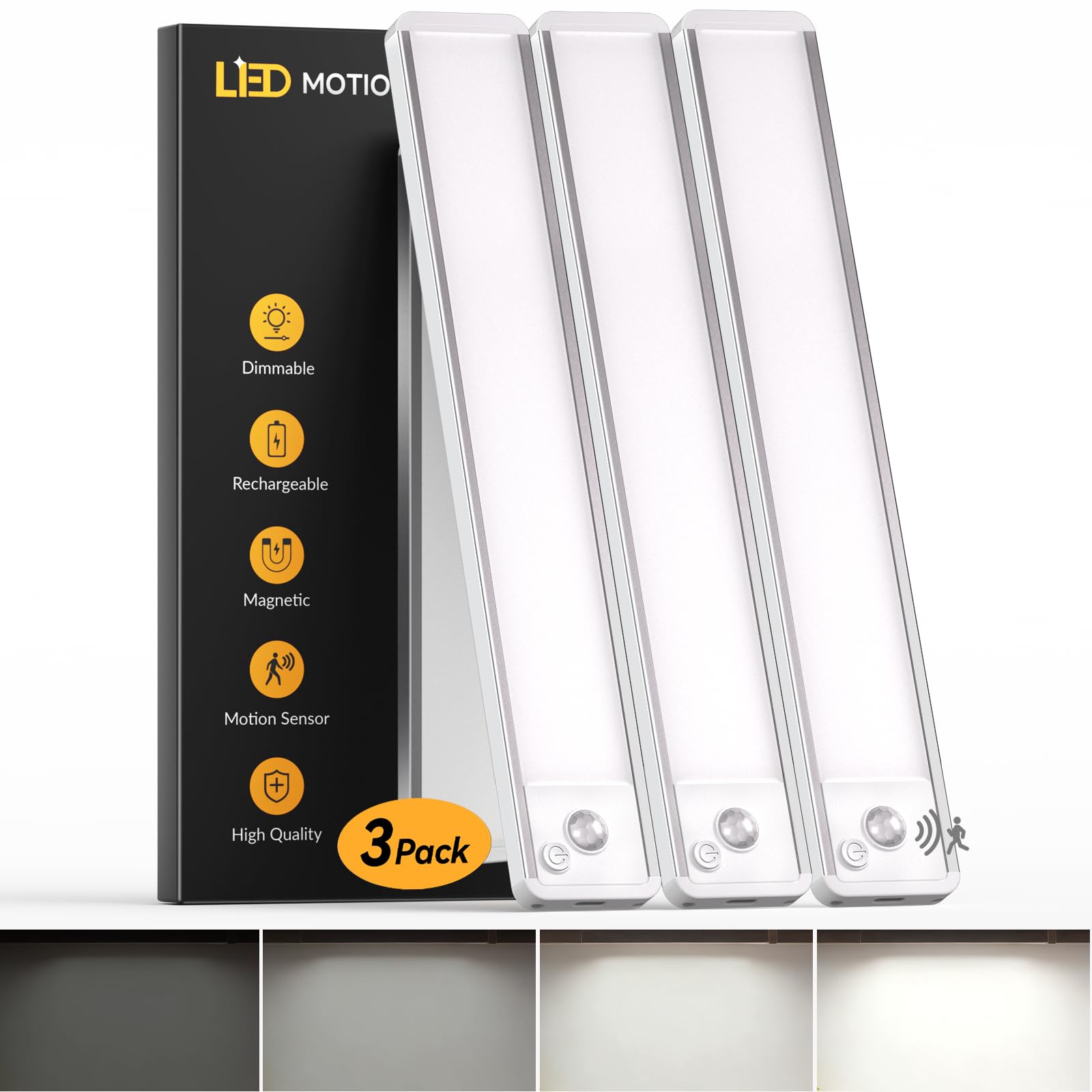 Motion Sensor LED Under Cabinet Kitchen Lights 30CM, - 2200mAh Long-Lasting Battery Operated Cupboard Light, 6000K Super Bright & Rechargeable Strip Lighting, Dimmable, Magnetic Closet Light - 3 Pack