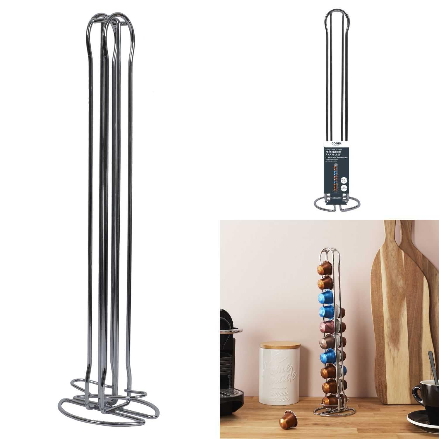 COOK CONCEPT, KA6299, uchwyt na kapsułki kompatybilny z Nespresso, elegancki i praktyczny schowek na kapsułki, ergonomiczny kształt, nowoczesne metalowe wykończenie, 375 x 10 x 9 cm, srebrny