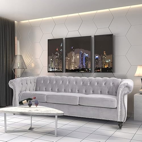 Miniatura 7 de ORRD Sofá Chesterfield, moderno sofá de terciopelo copetudo de 3 plazas con brazos de desplazamiento y cabeza de clavos para sala de estar,