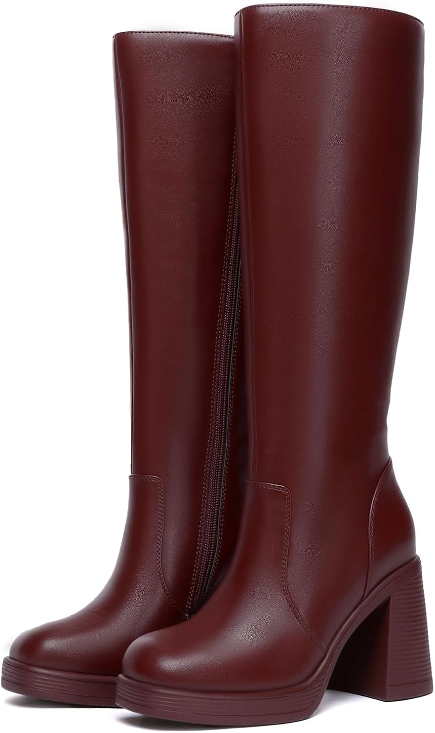 Athlefit Black Knee High Boots for Women Platform Tall Boots Fashion Square Toe Chunky Heeled Booties - Image 5