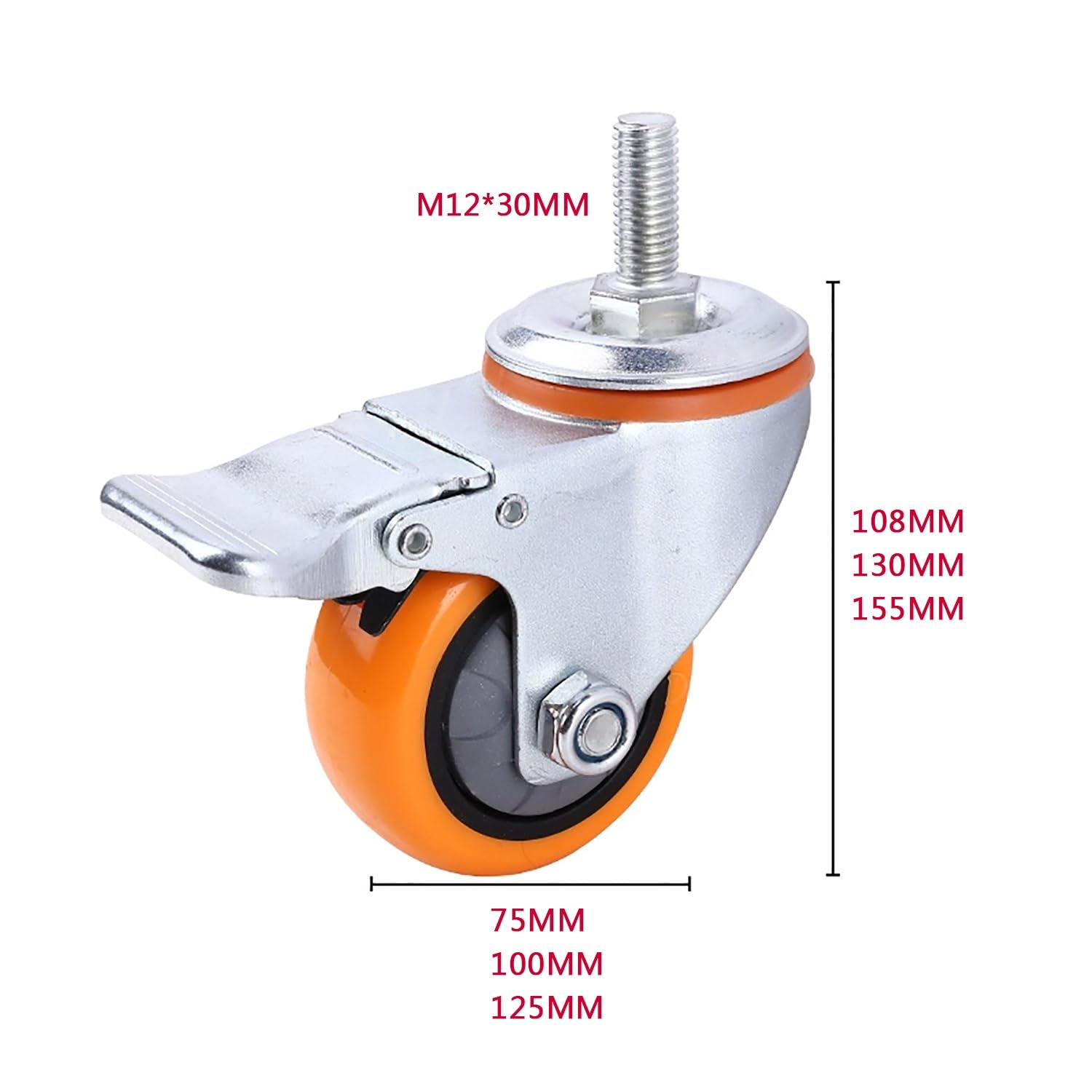 4 Pièces 75mm M12*30mm roulettes Filetées Pivotantes avec Frein, Roues en PU Silencieuses for Meubles, Capacité de Charge 300kg(2swivel+2with Brake,100mm)