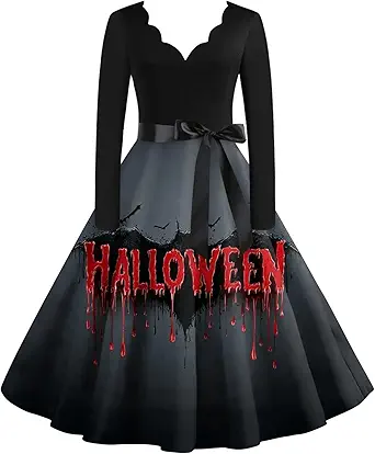 OIOLOYJM Sexy Plus Size Halloween Costumes Woman 2025 Long Sleeve V Neck Printed Gothic Retro Formal Party Dresses for Women