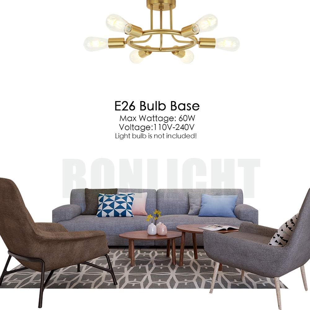 Blасk Frіdау Clеаrаnсе BONLICHT 6 Lights Semi Flush Mount Ceiling Light Brushed Brass Mid Century Modern Chandelier Lighting Gold Sputnik Ceiling Light Fixture for Dining Room Bed Room Kitchen Island Foyer Hallway