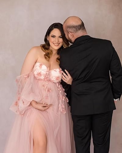 Miniatura 3 de Vestidos de maternidad de manga larga con hombros descubiertos para sesión de fotos de tul con apliques de encaje, vestido de embarazo, vestido de